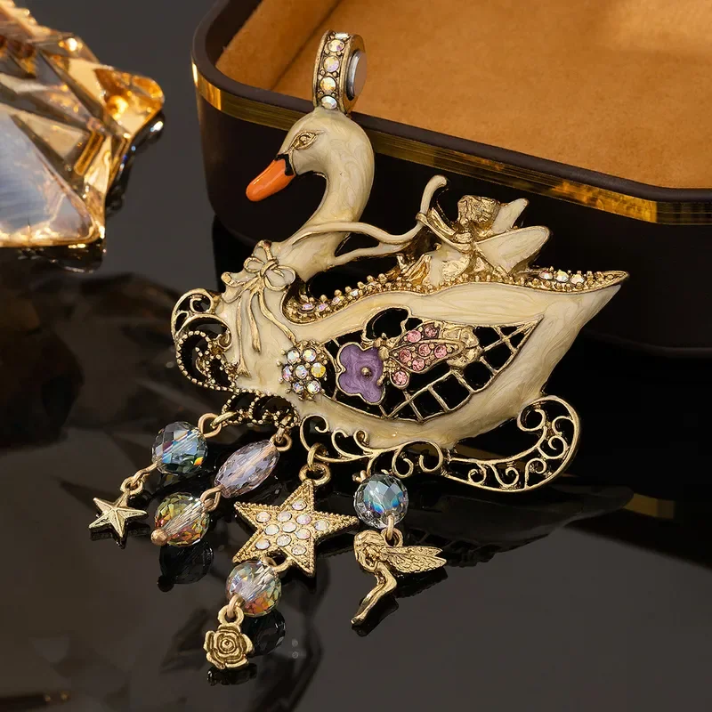 Qingdao jewelry vintage medieval style high sense niche retro drip enamel white swan fringed KF pendant