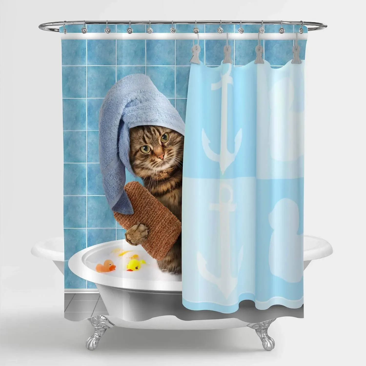 Funny Cat Bathroom Shower Curtain, Cartoon Pet Kitten Wearing Towel Cap with Rubby Duck Toy Behind