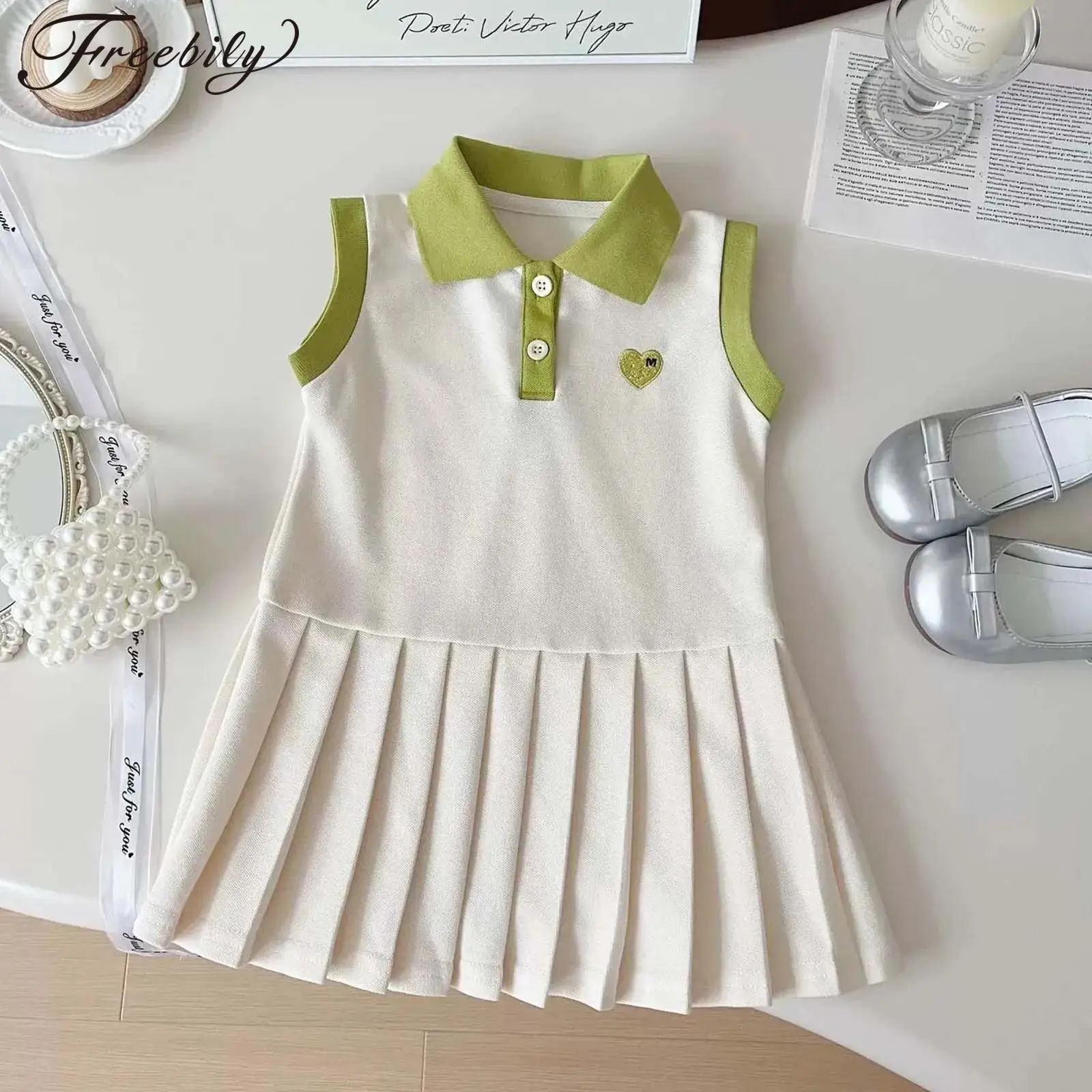 

Kids Little Girls Summer Causal Dress Sleeveless Heart Embroidery Pleated Sundress Children Clothes Sports School Daily Wear