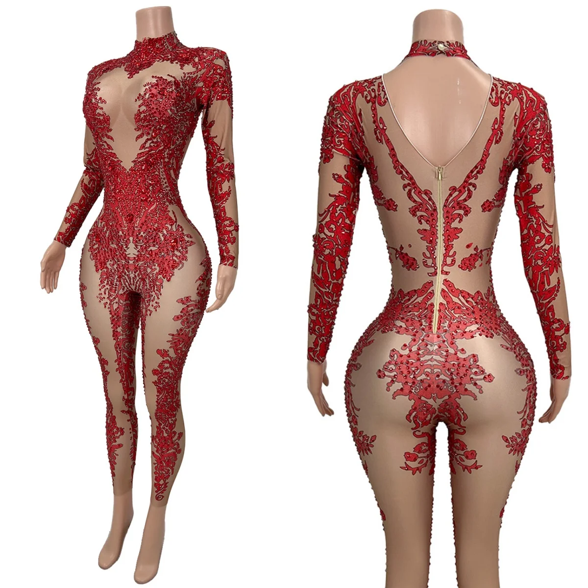 

Sparkly Rhinestone Elastic Skinny Jumpsuit Sexy Female Dance Performance Costume Women Night Club Stage Performance Outfit Putao