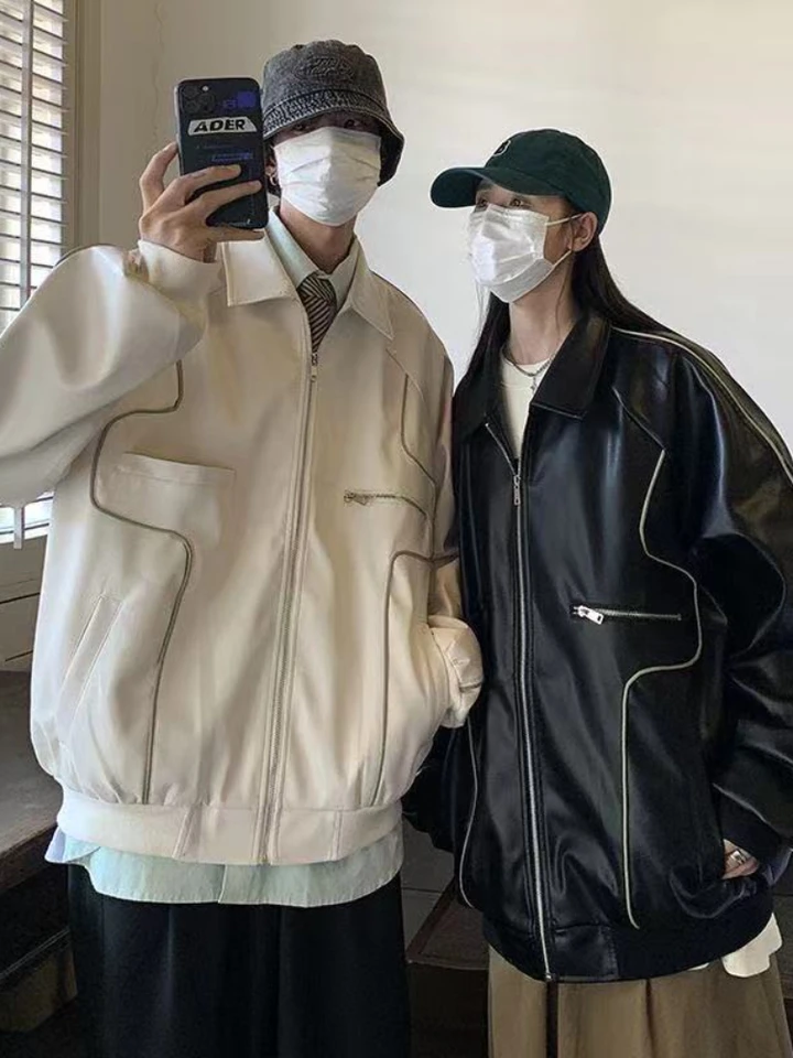Gmiixder Leather Jacket Unisex Trend Hong Kong Style Original