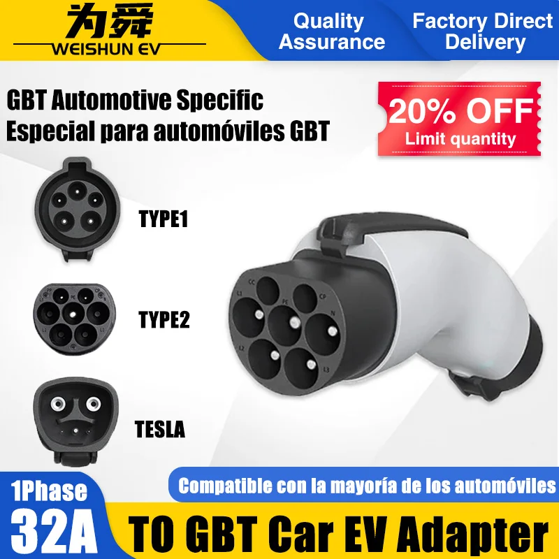 Tesla Conector da estação de carregamento para todos os carros elétricos chineses, BYD Auto Adaptador, J1772 PARA GBT EV Adaptador, 32A TYPE1 TYPE2