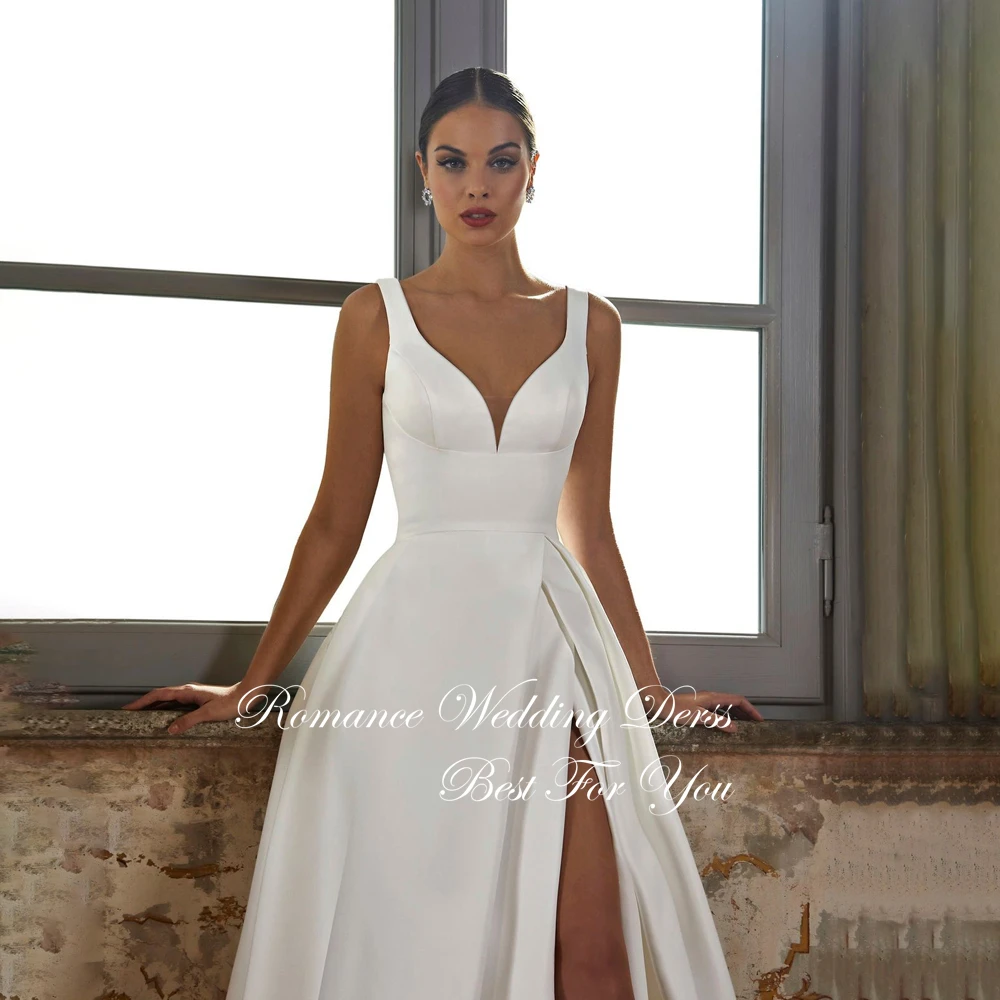 Simples decote em v cetim a linha vestido de casamento plissado cintas de espaguete alta fenda aberta volta vestido de noiva vestidos de novia personalizado