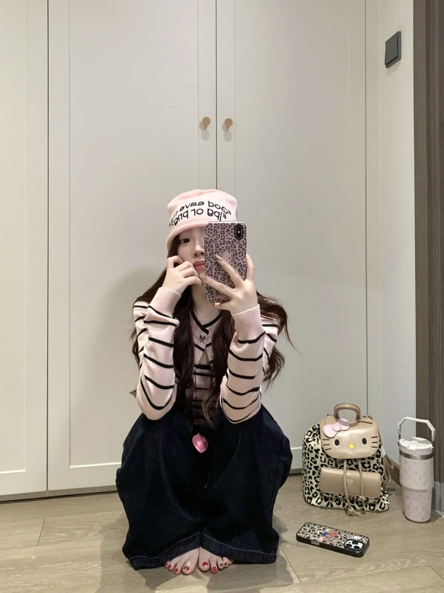 طقم كارديجان محبوك مخطط وردي للسيدات أوائل الخريف كوري Sle جميل طقم مكون من قطعتين من القطن الناعم طويل Sve مستدير...