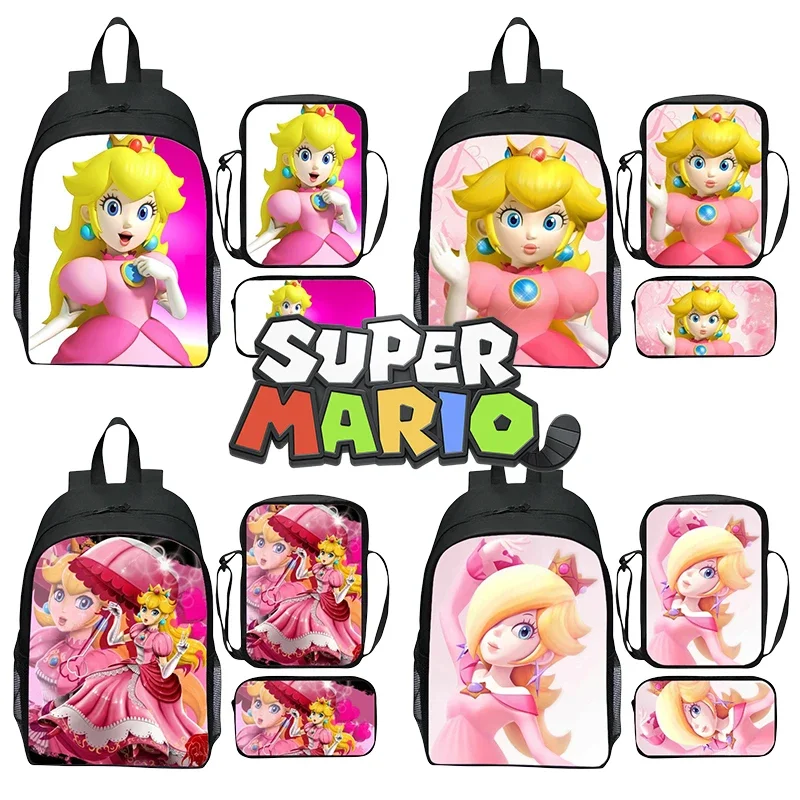 

Three-piece Set Super Mario Peach Princess School Backpack Children Anime Shoulder Bag Pencil Case Stationery School Supplies