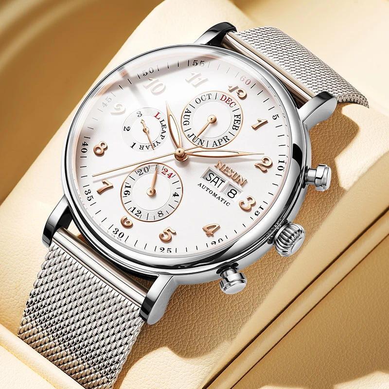NESUN automatic mechanical men's watch, multi-functional luminous stainless steel classic business men's watch