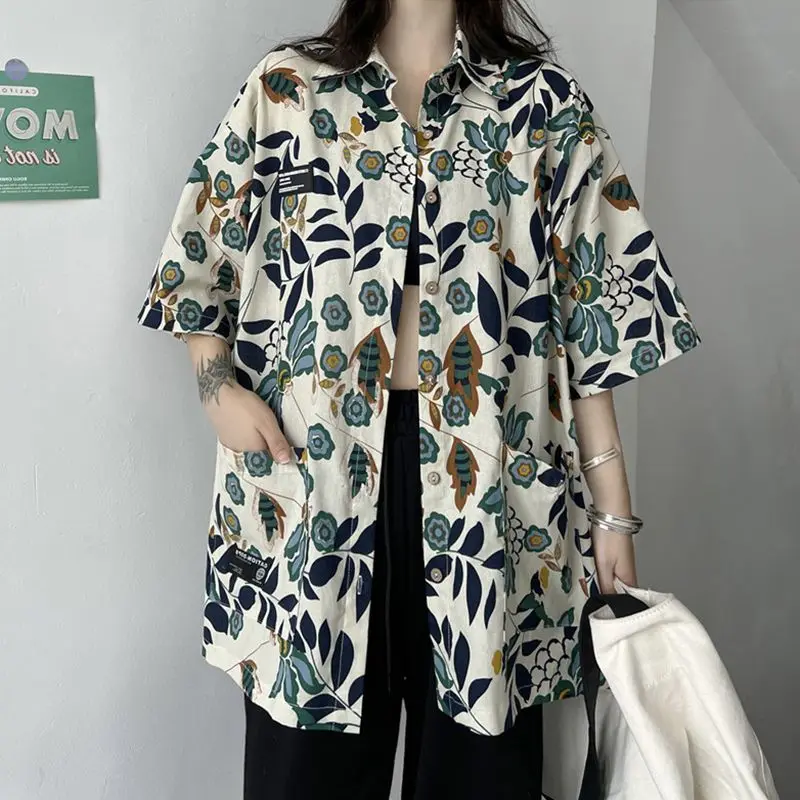 

Hong Kong style retro floral shirt women's summer 2024 new loose design niche casual Hawaiian short-sleeved shirt women clothing