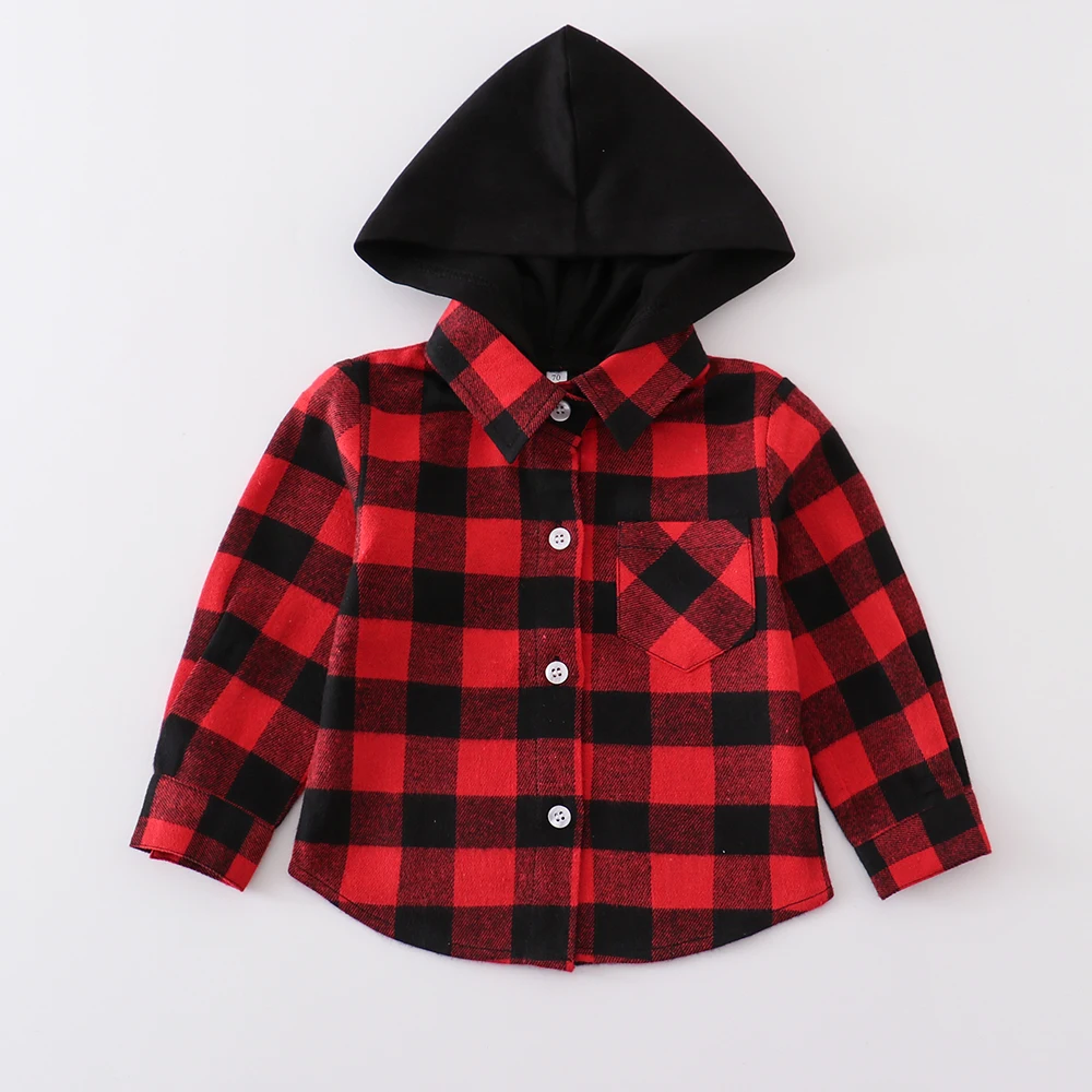 

2025 Autumn Infant Toddler Hooded Checkered Shirt Kid's Plaid Square Grid Coat Casual Top for Boys with Hood