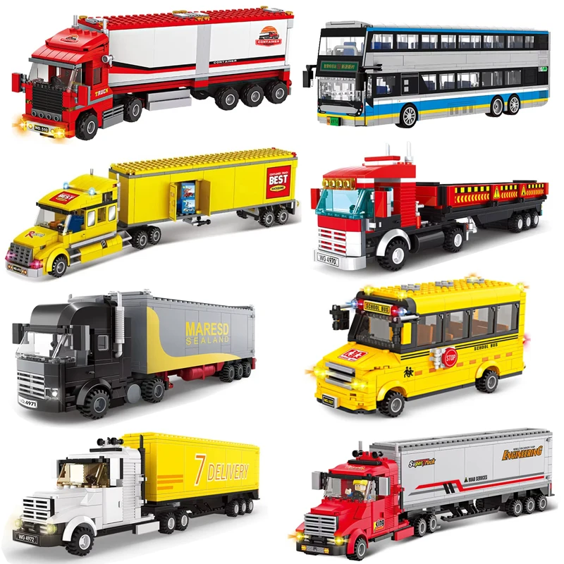 Nouveau camion de fret urbain moderne, semi-remorque, grand véhicule de transport de marchandises lourdes, modèle de voiture, blocs de construction,