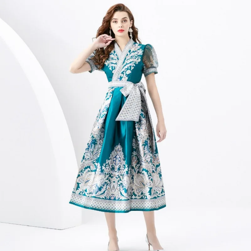 

Vintage Court Gown for Women Dresses Designer Print Lace-Up Slim-Fit Long Robe French Puff-Sleeve Elegant Maxi Dresses for Women