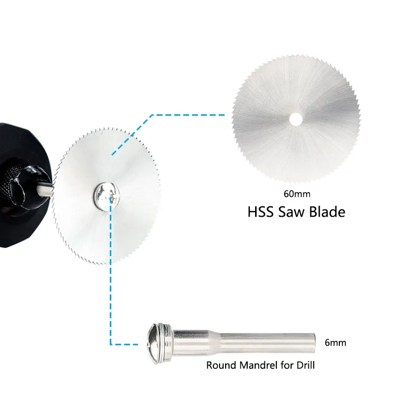 Mini circular viu a lâmina 60mm com 6mm mandril hss disco de corte acessórios da ferramenta giratória para plástico de madeira e alumínio