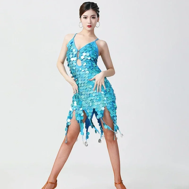여성용 라틴 슬링 드레스 섹시한 백리스 스팽글 드레스 소녀 드레스 딥 V 스팽글 라틴 댄스 의상 무대 의상