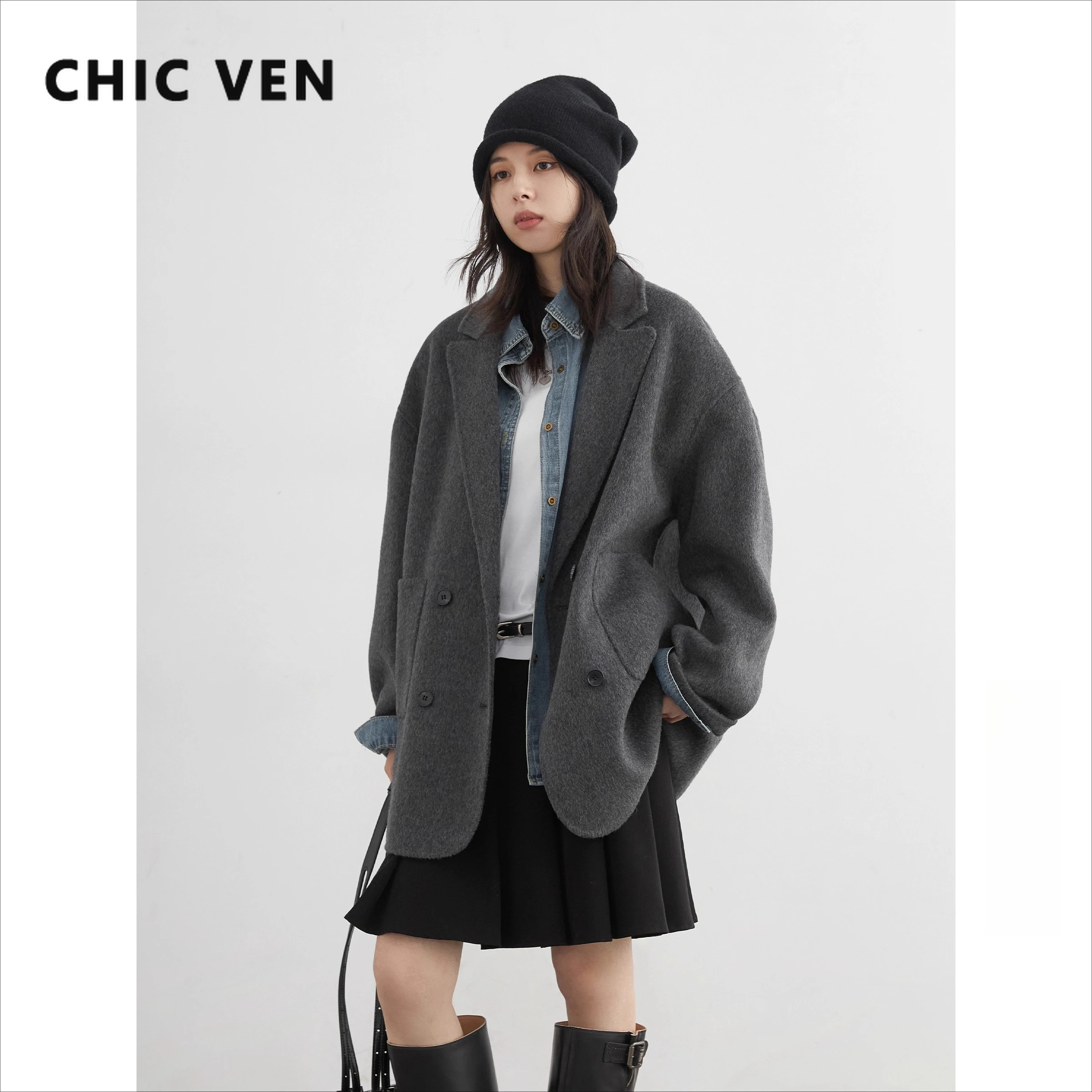 CHIC VEN Fashion Women Woolen Coat Solid Mid-length Double-sided Oversized Ladies Jackets Female Outerwear Autumn Winter 2025