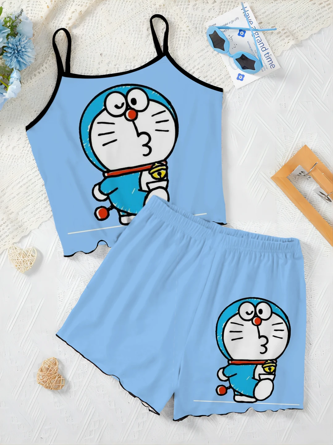 Elegant Women's Sets Slip Dress Lettuce Trim Top Pajama Skirt Vacation Outfits Woman 2024 T-shirt Doraemon Pieces Short Suit Top