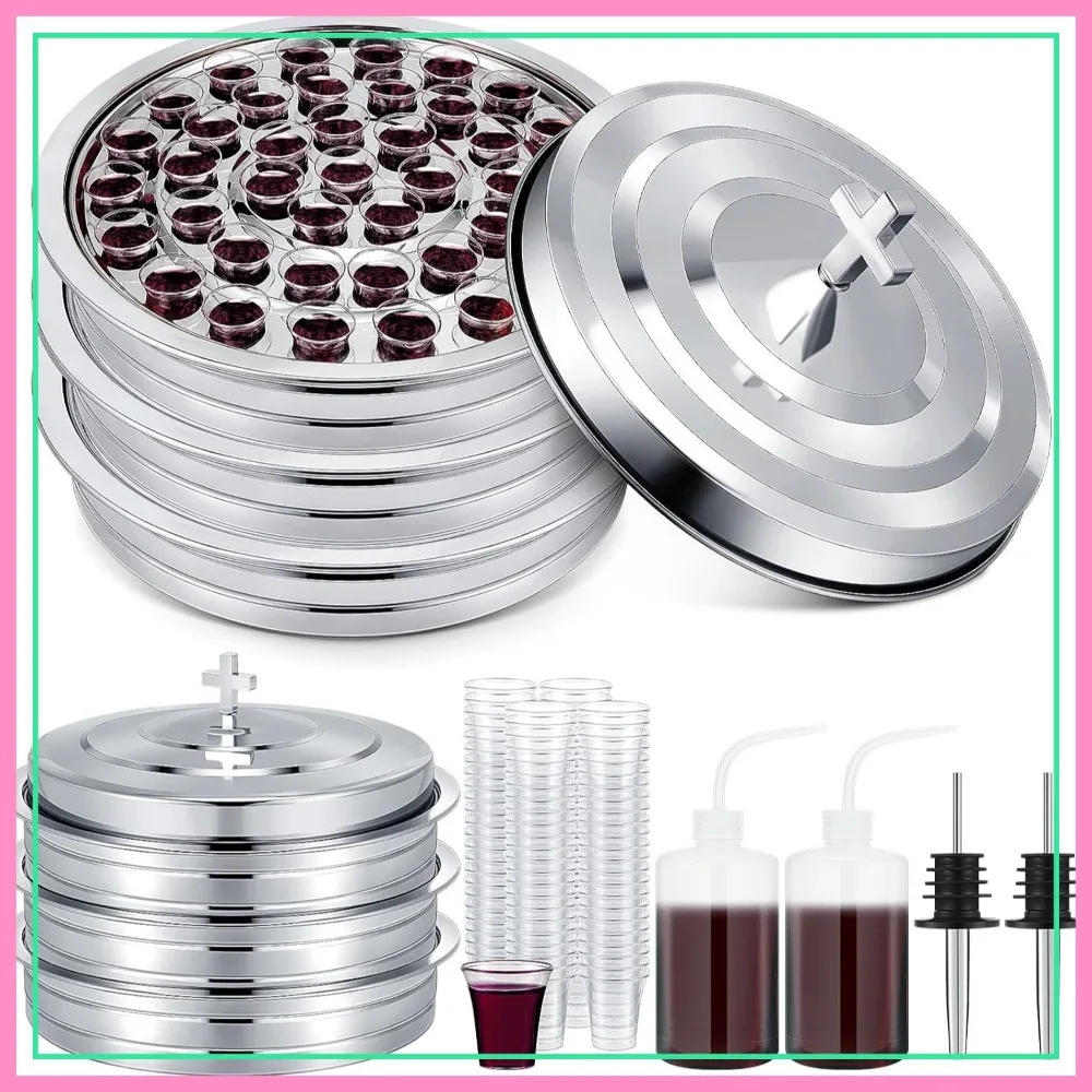 

3 Sets Holy Communion Trays with Lid, 100 Disposable Communion Cups Silver