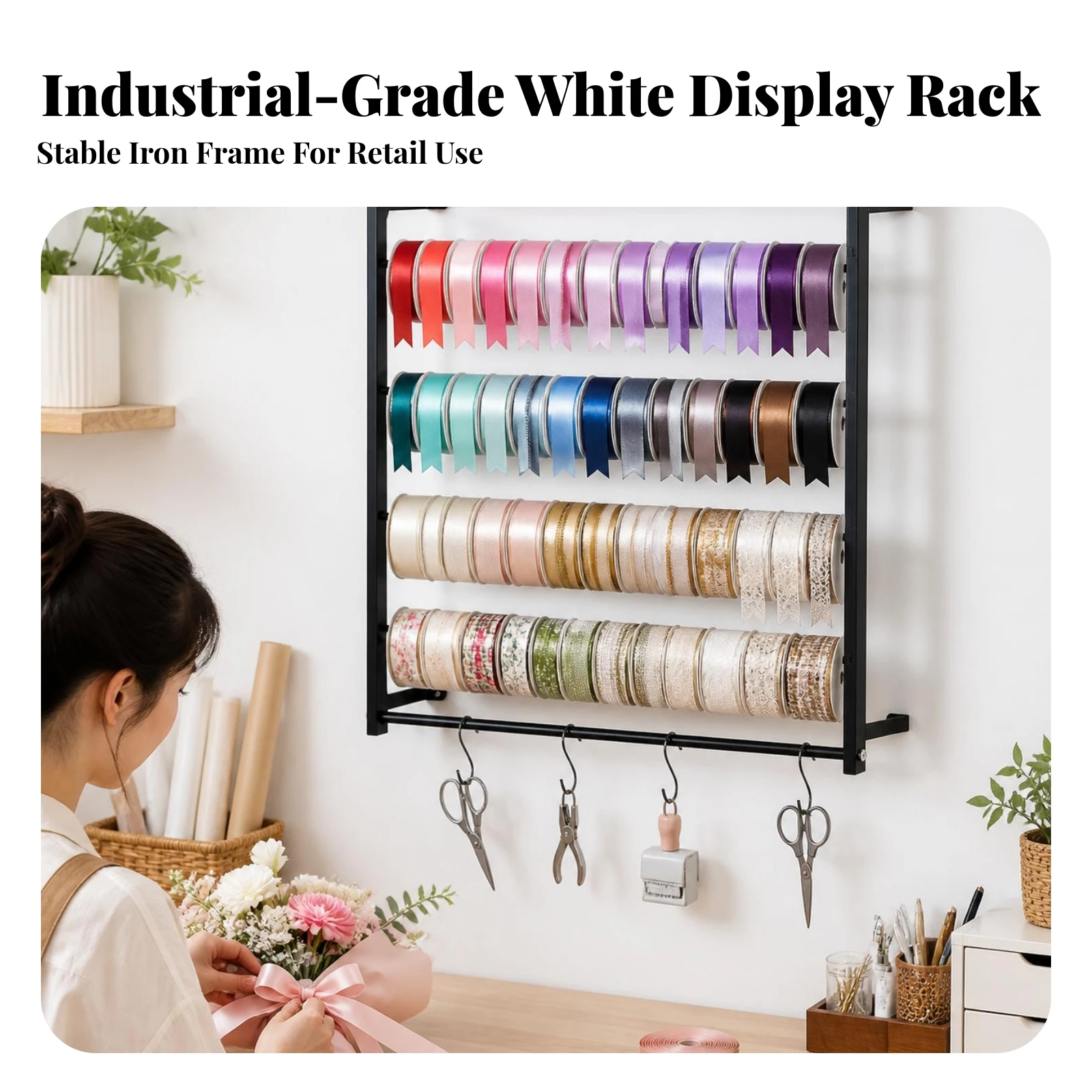 Organizer Space-Saving Metal Open-Frame Storage Rack with Hanging Hooks Wall-Mount Ribbon Organizer with Side Brackets Practical