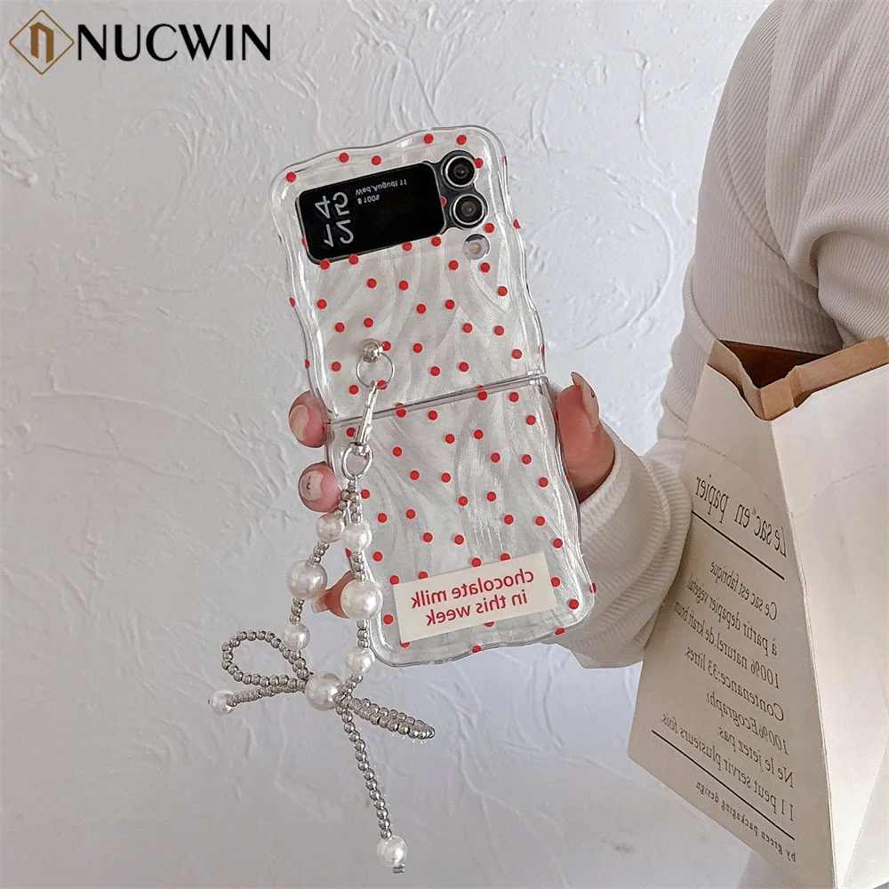 for Samsung Z Flip 5 4 3 Ribbon Pearl Lanyard Phone Case for Samsung Galaxy Z Flip5 4 3 Flip5 Feathered Polka Dots Fashion Cover