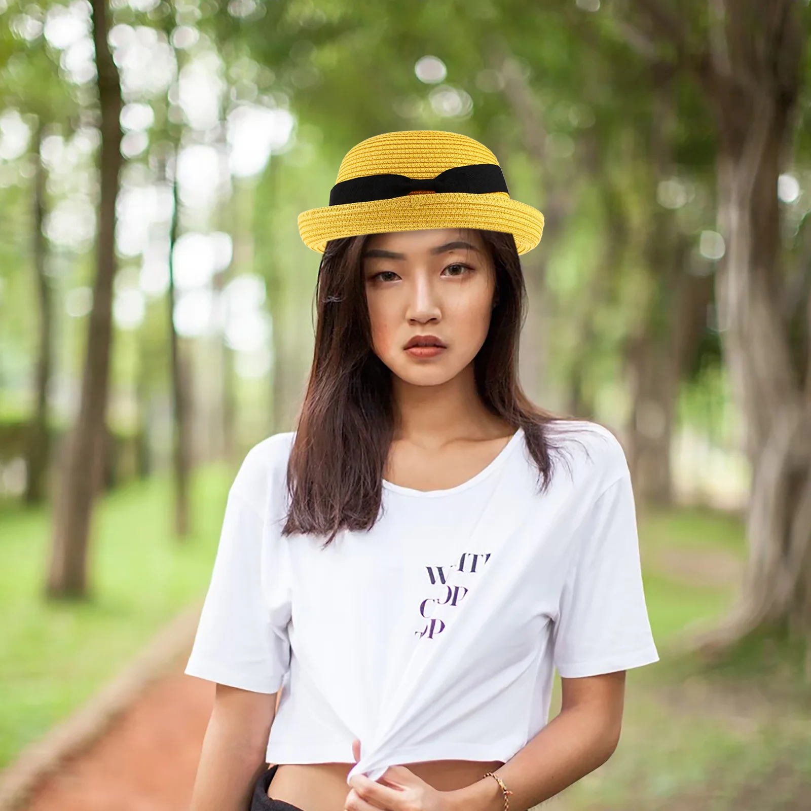 المرأة الأصفر الشمس 56-58 سنتيمتر قبة واسعة حافة نشمر Bowknot الشاطئ للصيف السفر في الهواء الطلق خفيفة الوزن القش الشاطئ #6