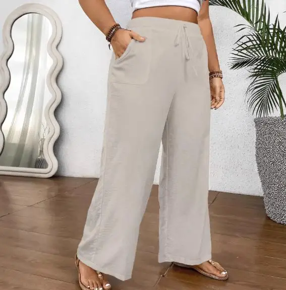 Letnie, luźne spodnie z szerokimi nogawkami w jednolitym kolorze dla kobiet, codzienne spodnie z wysokim stanem, sznurowane, z kieszeniami, w jednolitym kolorze, z szerokimi nogawkami.