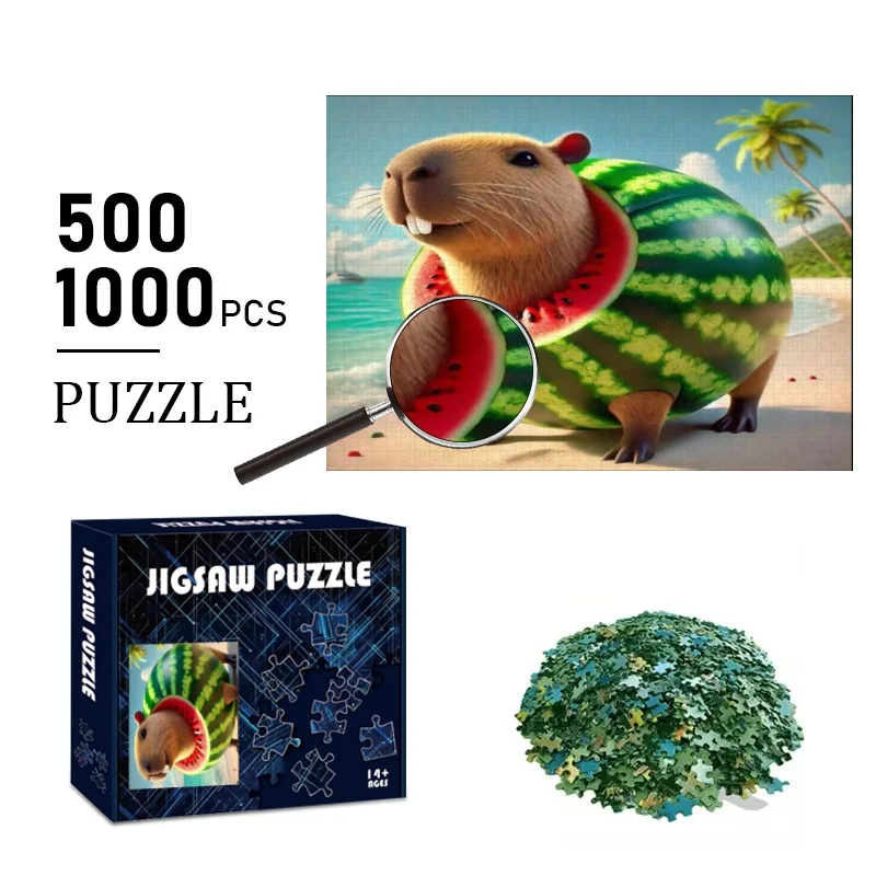 500/1000pcs Capybara & Watermelon Jigsaw Puzzle Suitable for Adults & Families - Large Brain Teaser with Capybara-Themed Piece