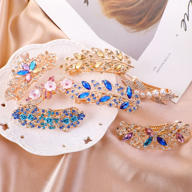 Crystal Floral Hairpin Girl Ladies Hairwear Jewelry For Women Rhinestone Alloy Hair Clip Party Barrettes Leaf AE024