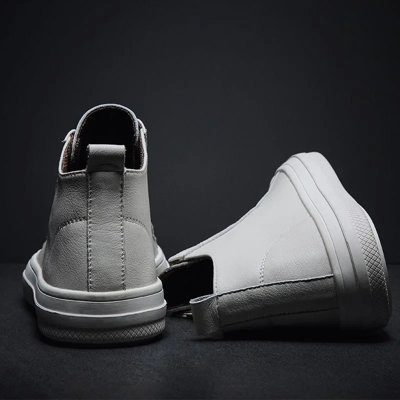 New 100% Genuine Leather Shoes Men High top Fashion Sneakers Flat Brand Black White Shoes Cool Street Young Male Footwear DX233