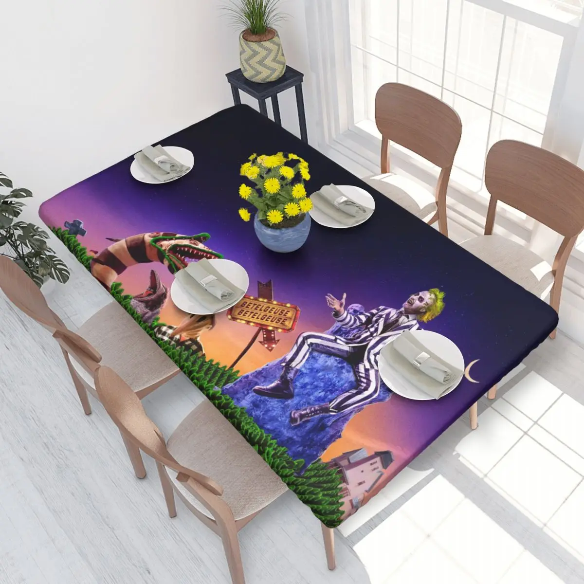 Custom Rectangular Oilproof Tim Burton Beetlejuices Horror Film Table Cover Table Cloth 4FT Tablecloth for Picnic