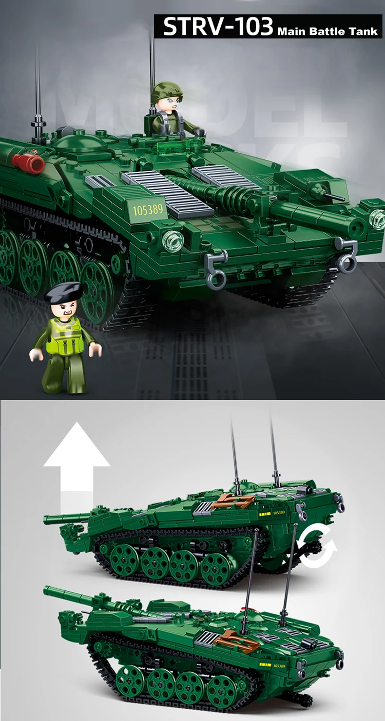 Sulban 692PCS WW2 Military Army Weapon Swedish Strv103 Main Battle Tank Building Blocks Monld DIY Bricks Toys Kids Boys Gift