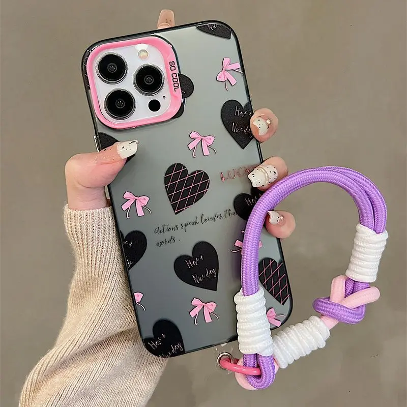 High-Quality Fashion Bow Love Heart Phone Case Hard Acrylic Handheld lanyard iPhone Case For iPhone 15 14 13 12 11 Pro Max