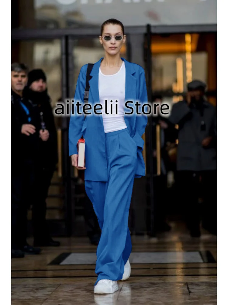 Women's Suit Two Piece Set Fashionable Solid Color Slim Fit Peaked Lapel Elegant Wide Leg Pants Single Breasted Fit Business