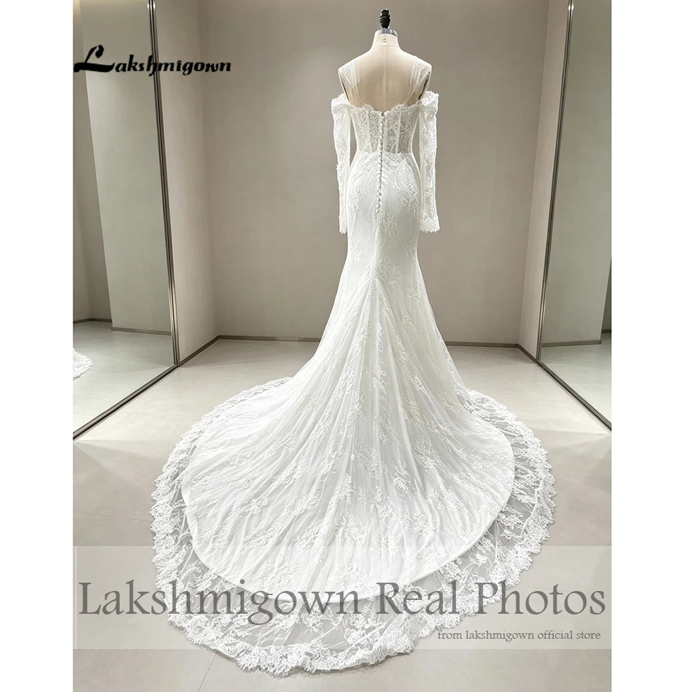 Lakshmigown Schulterfreies Meerjungfrauen-Brautkleid mit langen Ärmeln, luxuriöses Spitzen-Brautkleid, echte Fotos, individuell anpassbar. – Detail 7