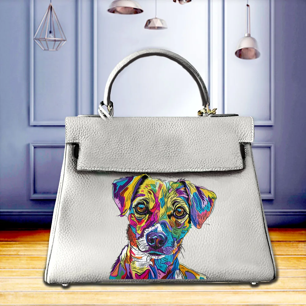 Colorful Artistic Dog Art Customize Printing Handbags Ladies Tote Handbags Prevalent Messenger Shoulder Bag Real Cowskin Leather