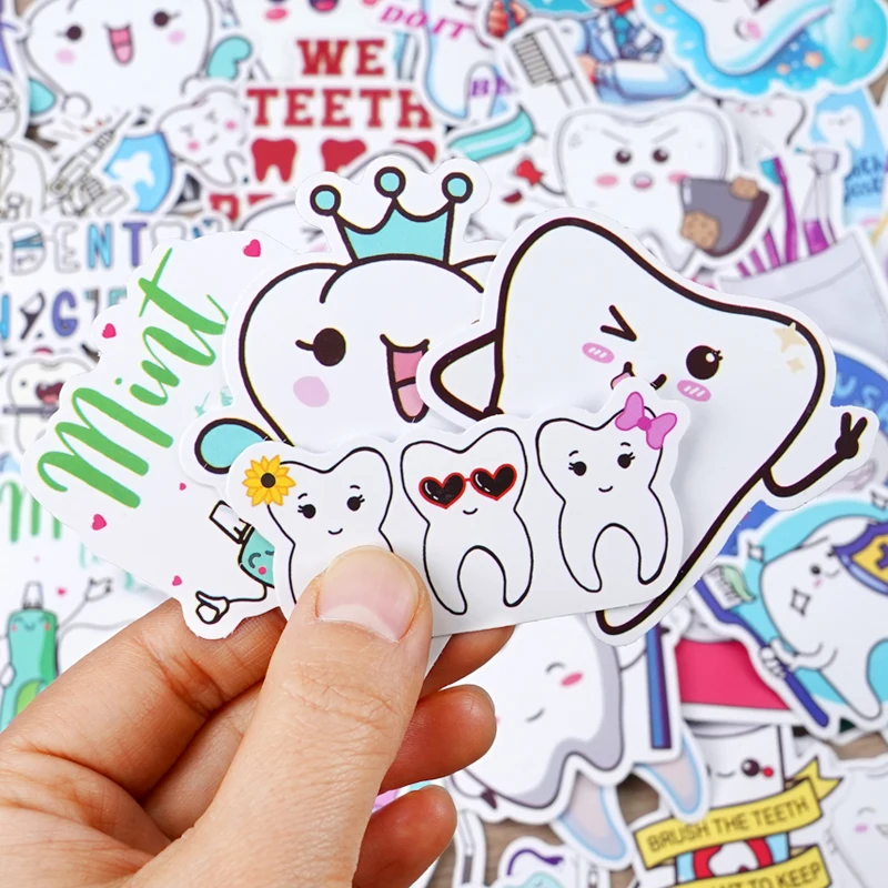 50pcs Dental Cute Tooth Shaped Stickers Dentist Store Toothbrush Cartoon Decal DIY Wallstickers Decoration Teeth Sticker