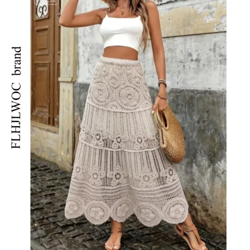 Hollow Out Skirts Mori Girls Retro Design Solid Vintage Beautiful Crochet Flower Romantic Honeymoon Holiday Long Maxi Skirt