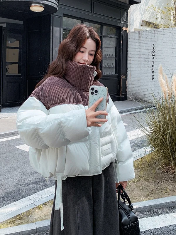 

Женская стеганая пуховая куртка из вельвета с цветовыми блоками, теплая, зимняя верхняя одежда, повседневная, свободного кроя, с длинными рукавами, на молнии