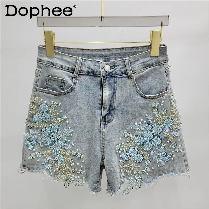 

Heavy Industry Beads Diamond-Embedded Denim Shorts for Women 2024 Summer New Fashion High Waist A- Line Stretch Hot Pants
