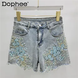 Heavy Industry Beads Diamond-Embedded Denim Shorts for Women 2024 Summer New Fashion High Waist A- Line Stretch Hot Pants