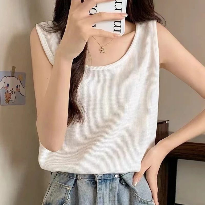 Sommer Damen Locker Sitzendes Figurformendes Oberteil Mädchen Waffel-Trägertop Übergröße Basis-Shirt Erwachsenen Freizeit-Oberbekleidung Mädchen Layering T-Shirt