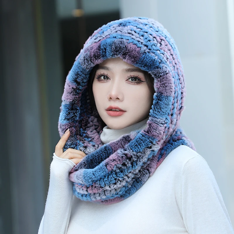 Hat Women New Knitted Real Rex Rabbit Fur Hat Hooded Scarf Winter hats for Woman Cap Warm Natural Fur Hat With Neck Scarves