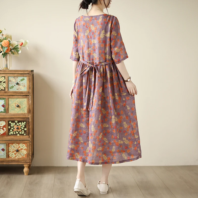 Ele Cotton Linen Midi Dr Summer Thin Floral Print Women's High Waist ort Sve Commute Sle Polyester Fiber