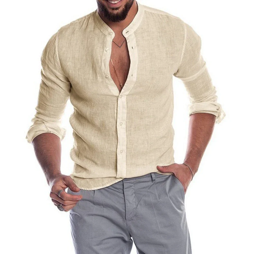 Hot Sale New Summer Solid Color Cotton Linen Men\'s Long-Sleeved Shirts Casual Stand-Up Collar Beach Style Breathable Male Top