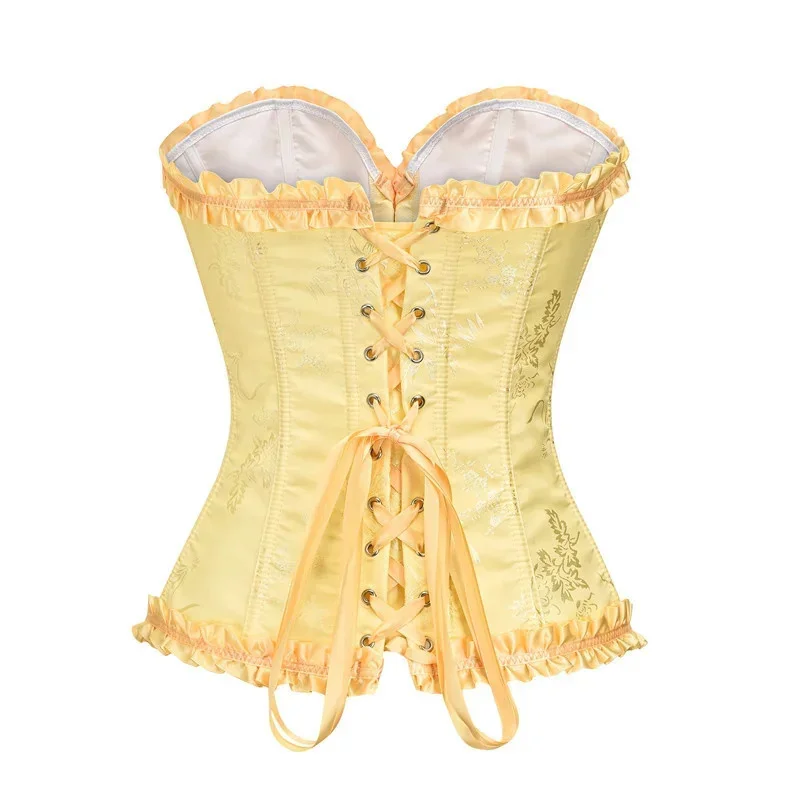 Sexy Corset Top Bustier Yellow Women\'s Plus Size Overbust Corselet Blouse Lace Up Floral Gothic Brocade Vintage Fashion Medieval