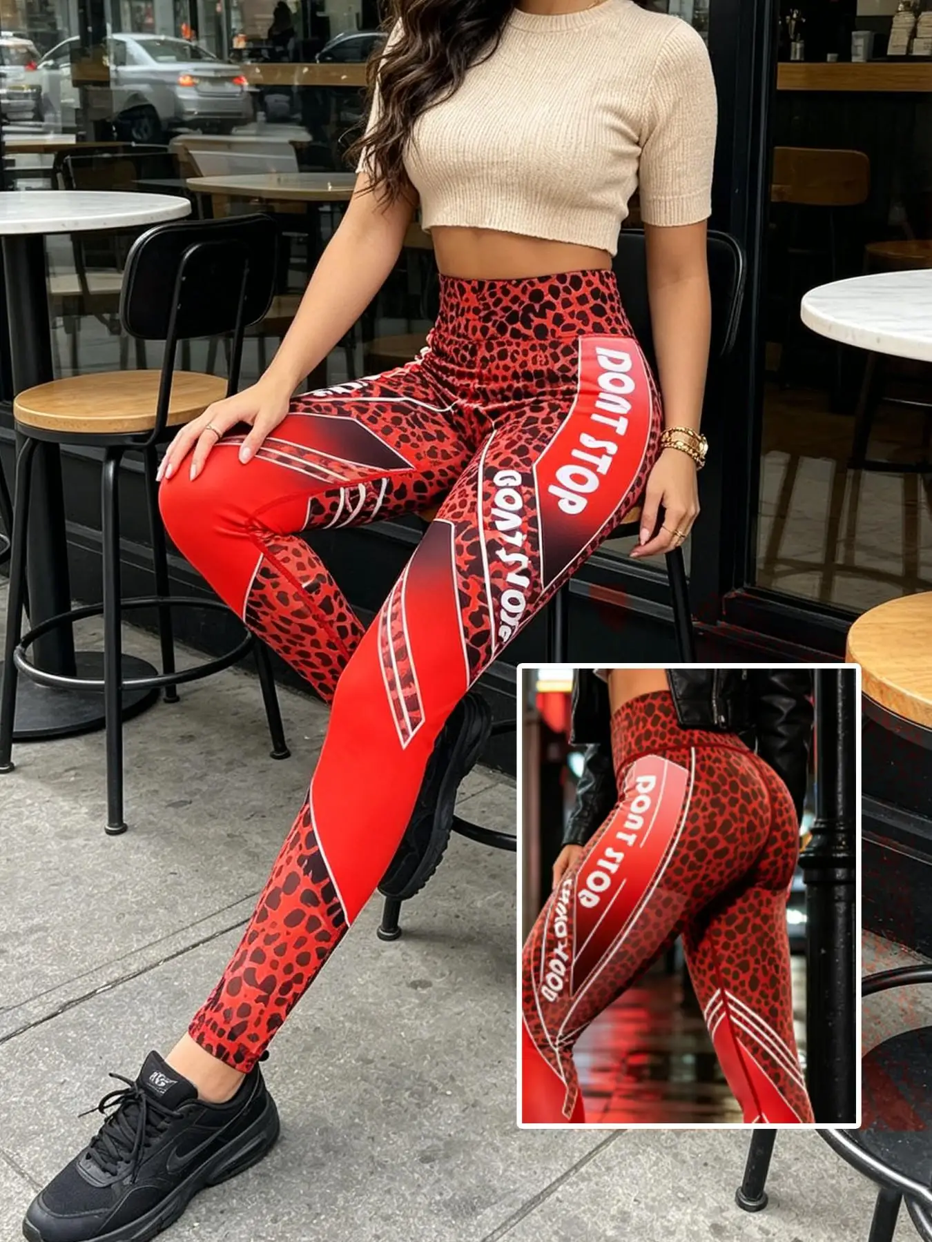 Urban minimalist fashion women’s trousers with an irregular red gradient print; high-stretch, high-waisted, cool summer women’s
