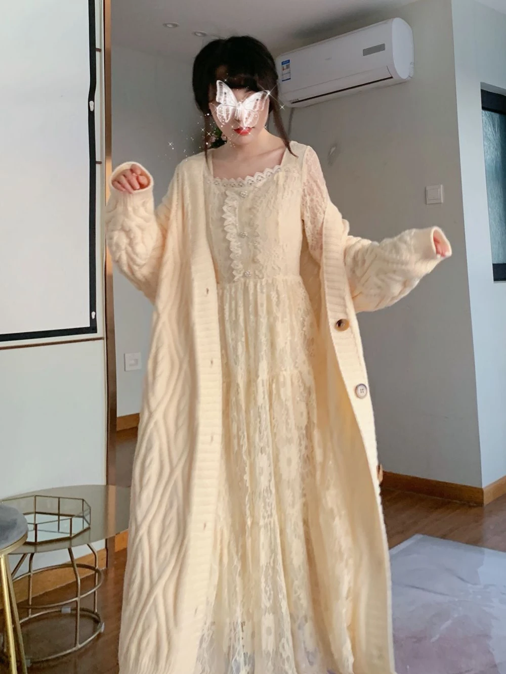 

Ele plus Size Long Lace Dr with Fce Inner Heavy Work Slimming Autumn Winter New Sle Korean Sle Square Collar