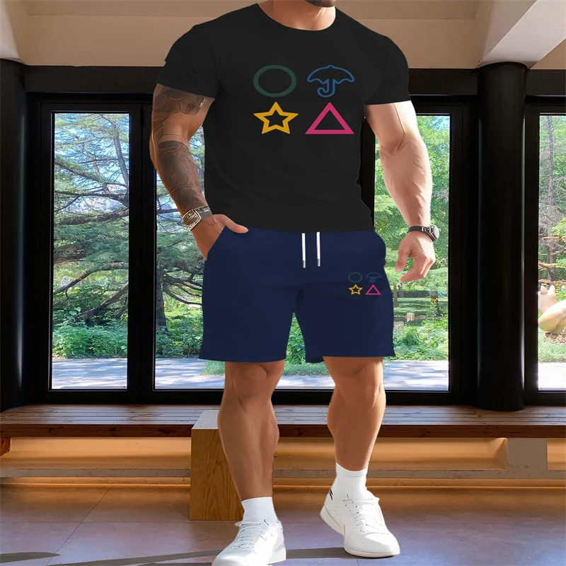 

2025 men's summer round neck short sleeved T-shirt and five quarter shorts sports suit fashionable outdoor casual two-piece set