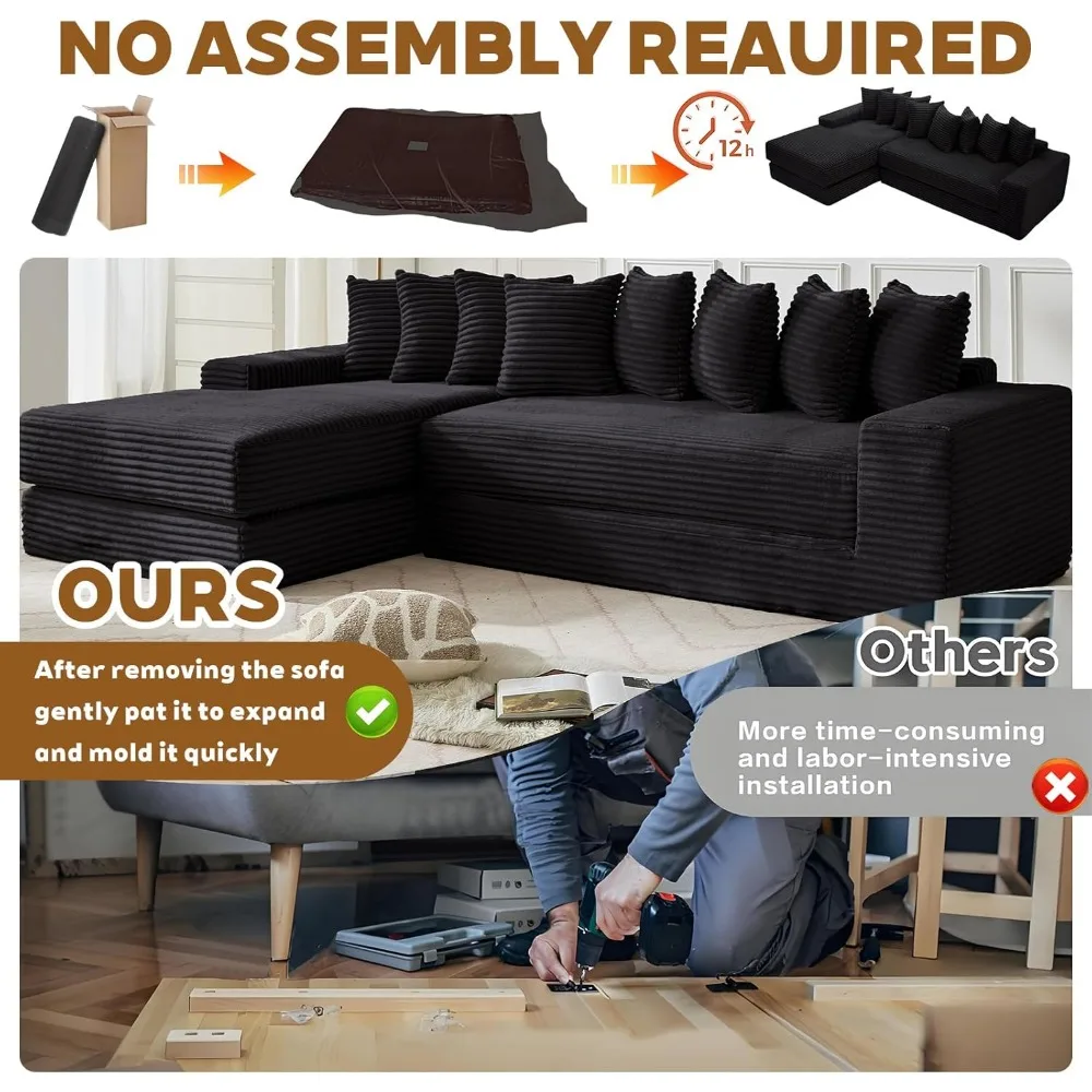 Convertible L-Shaped Sectional Sofa Bed with Reversible Chaise and 8 Pillows, Ideal for Floor Sleeping and Space-Saving Solution