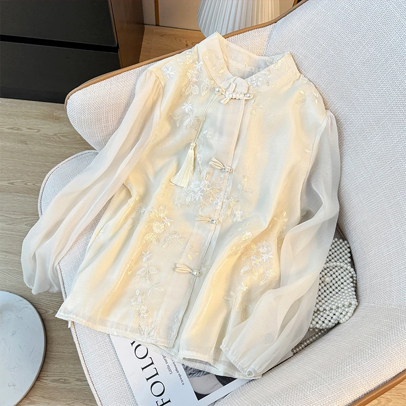 EVNISI Women Elegant Chinese Button White Blouse Floral Embroidery Long sleeved Shirt Spring Autumn Women Office Pullover Tops