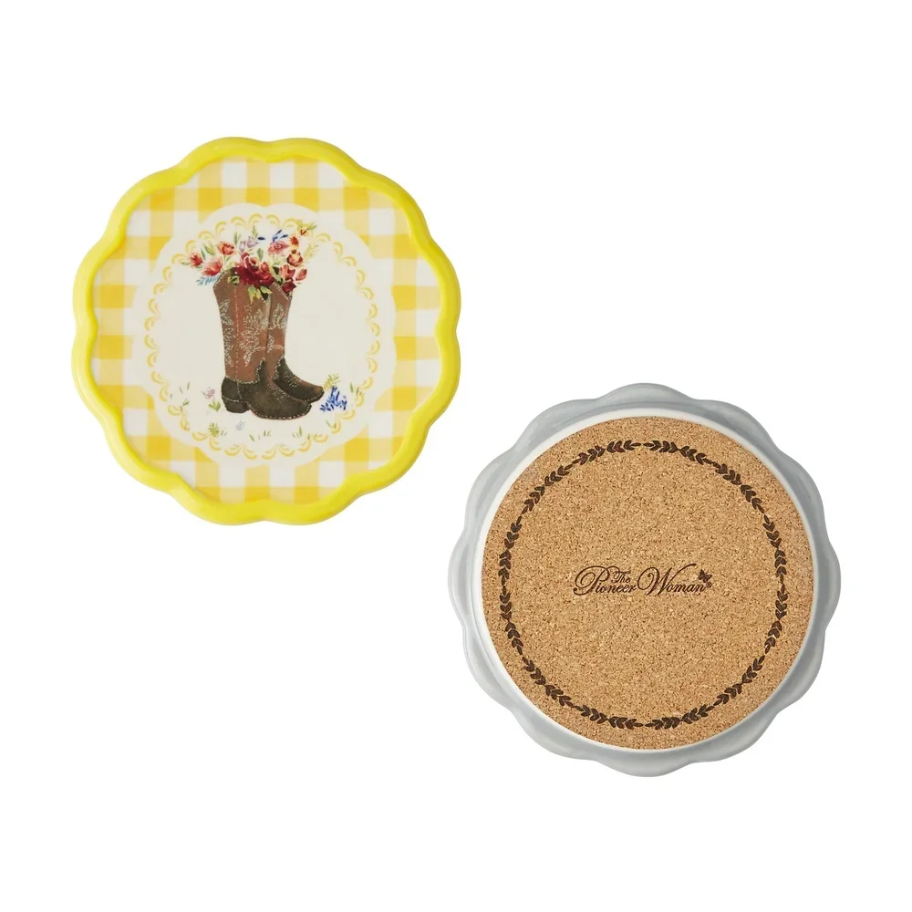 مجموعة من 4 قواعد أكواب من Gingham Ranch مصنوعة من الخزف الحجري المزخرف وحماية من بقع الماء وغسل يدوي وتصميمات فريدة من نوعها ومتينة