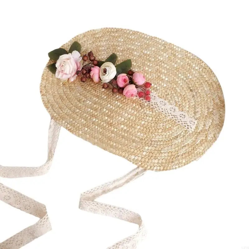 

L5YA Summer Beach Flat Hats Women Bonnets Flower Decor Casual Flat-topped Top