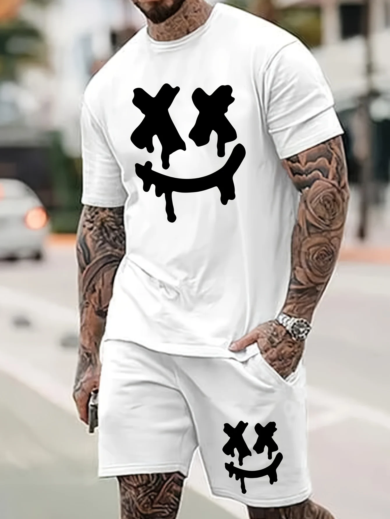 Мужской летний комплект с короткими рукавами, топ с короткими рукавами и шорты с принтом в стиле хип-хоп, повседневный комплект из двух предметов, комплект для активного отдыха, городской уличный комплект одежды